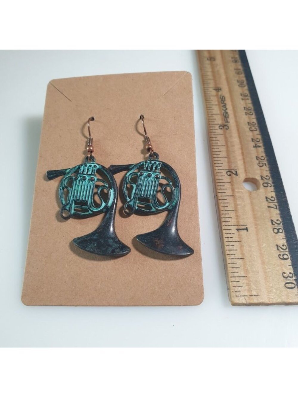 French Horn Drop Earrings Teal Black Patina Music Charm Hook Dangle Finish Gift - Picture 3 of 4